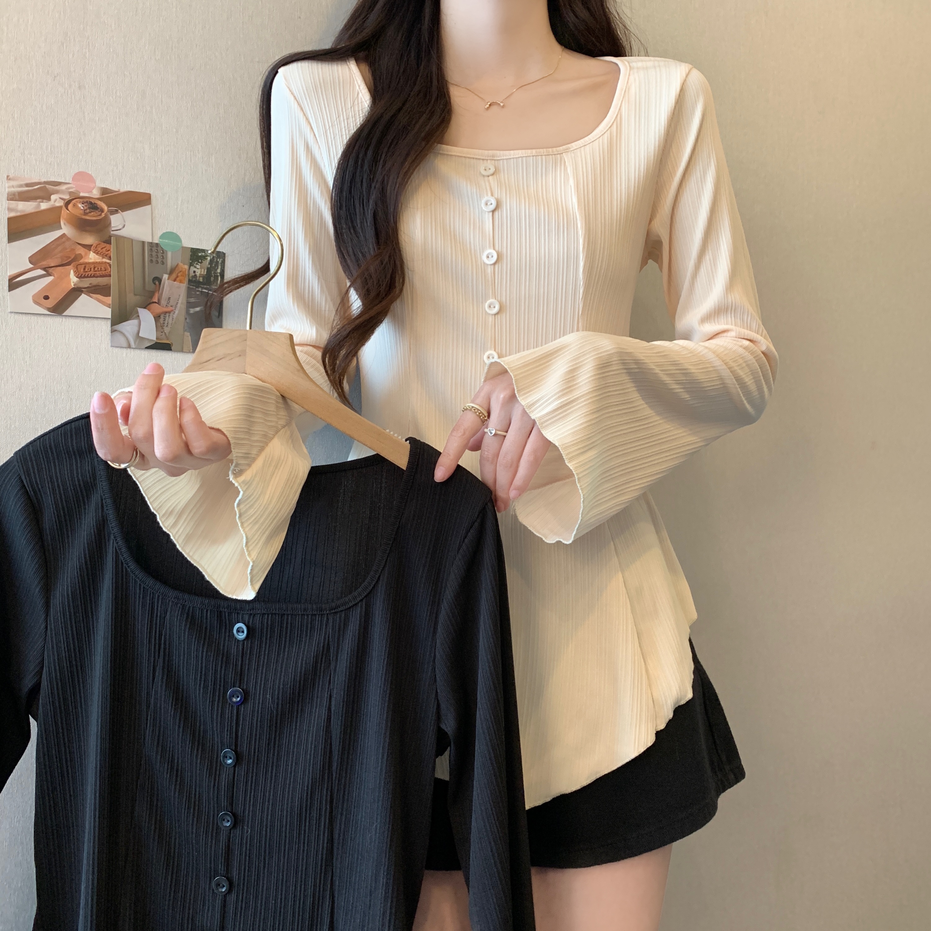 FA12189# 春季新款打底内搭开衫t恤女装修身显瘦喇叭长袖上衣 服裝批發女裝批發服飾貨源