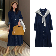 早秋孕妇装新款 法式气质复古 高级感显瘦长袖牛仔连衣裙披肩套装