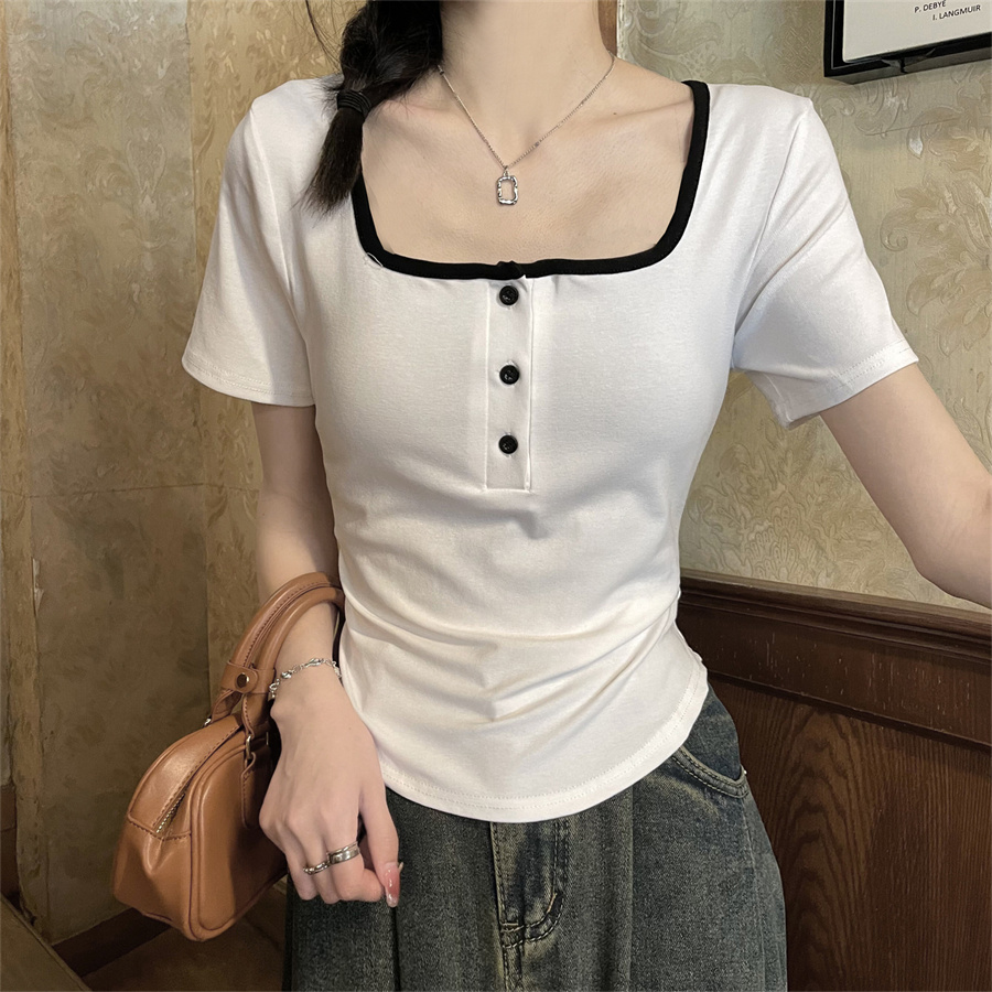 Real shot of fake two-piece off-the-shoulder short-sleeved T-shirts, summer women's design niche high-waisted slim-fitting short tops