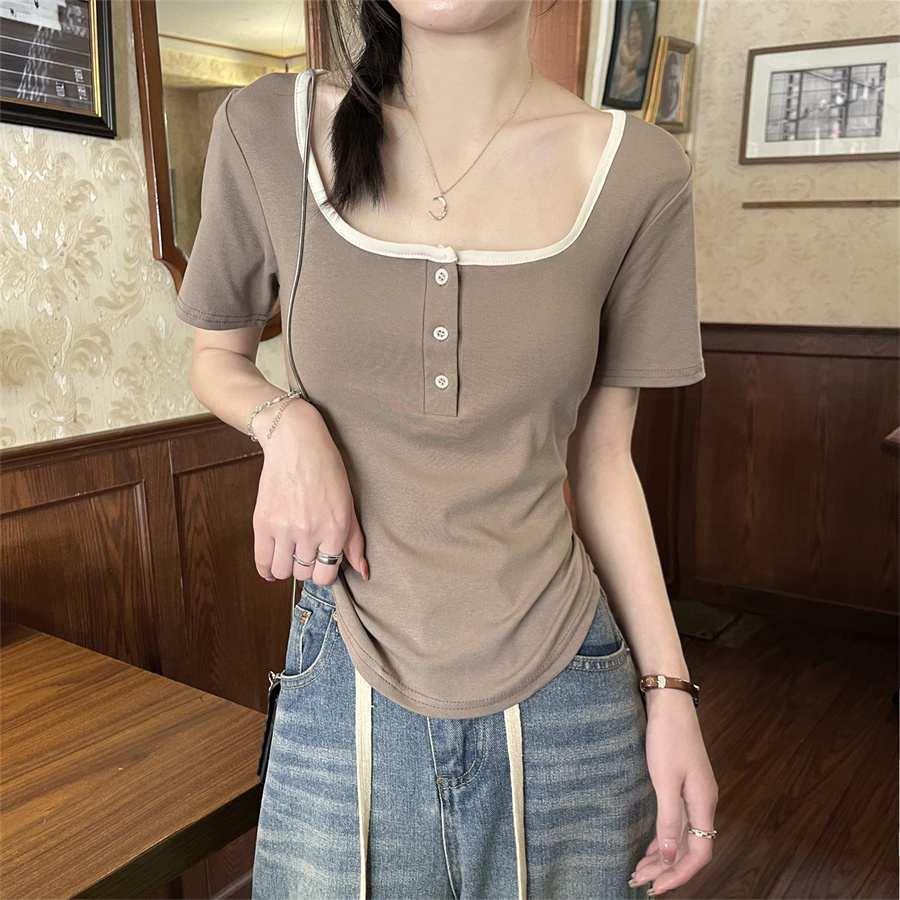 Real shot of fake two-piece off-the-shoulder short-sleeved T-shirts, summer women's design niche high-waisted slim-fitting short tops