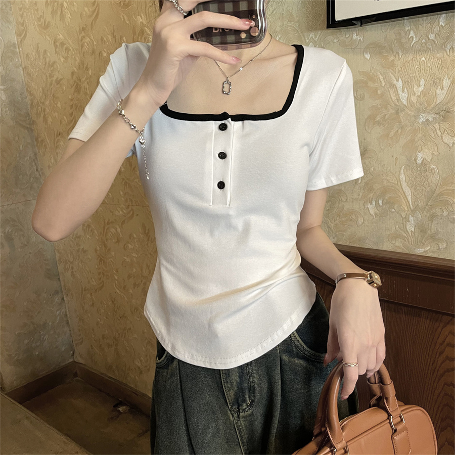 Real shot of fake two-piece off-the-shoulder short-sleeved T-shirts, summer women's design niche high-waisted slim-fitting short tops