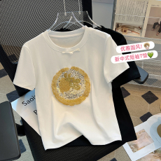 批发新中式国风亮片国潮短袖T恤女2024夏洋气时尚重工设计感加厚上衣