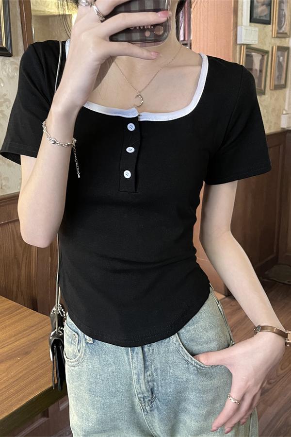 Real shot of fake two-piece off-the-shoulder short-sleeved T-shirts, summer women's design niche high-waisted slim-fitting short tops