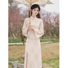 批发6821#实拍现货 新中式温婉提花开叉旗袍小立领<b class='q'>连衣裙</b> 上架+40