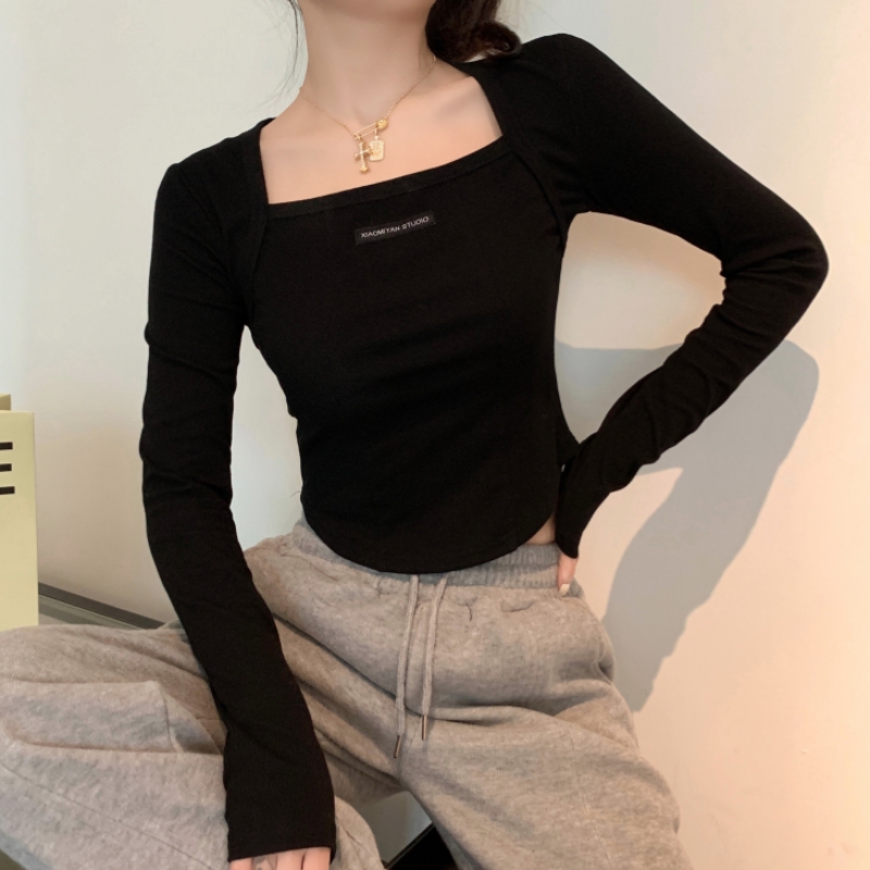 實拍 辣妹緊身方領長袖T恤女春季新款短款修身顯瘦打底衫黑色上衣