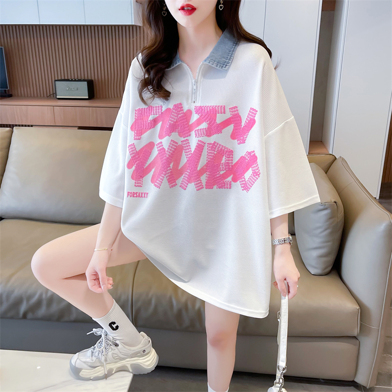 Actual shot of 2024 summer Korean style loose back collar waffle letter print large size short-sleeved T-shirt for women