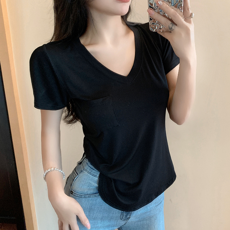 實拍夏季純欲辣妹風性感垂墜鎖骨v領白色短袖t恤女不規則開叉上衣
