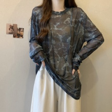批发实拍~ 大码女装宽松扎染微透网纱长袖t恤洋气<b class='q'>防晒衫</b>薄款上衣女