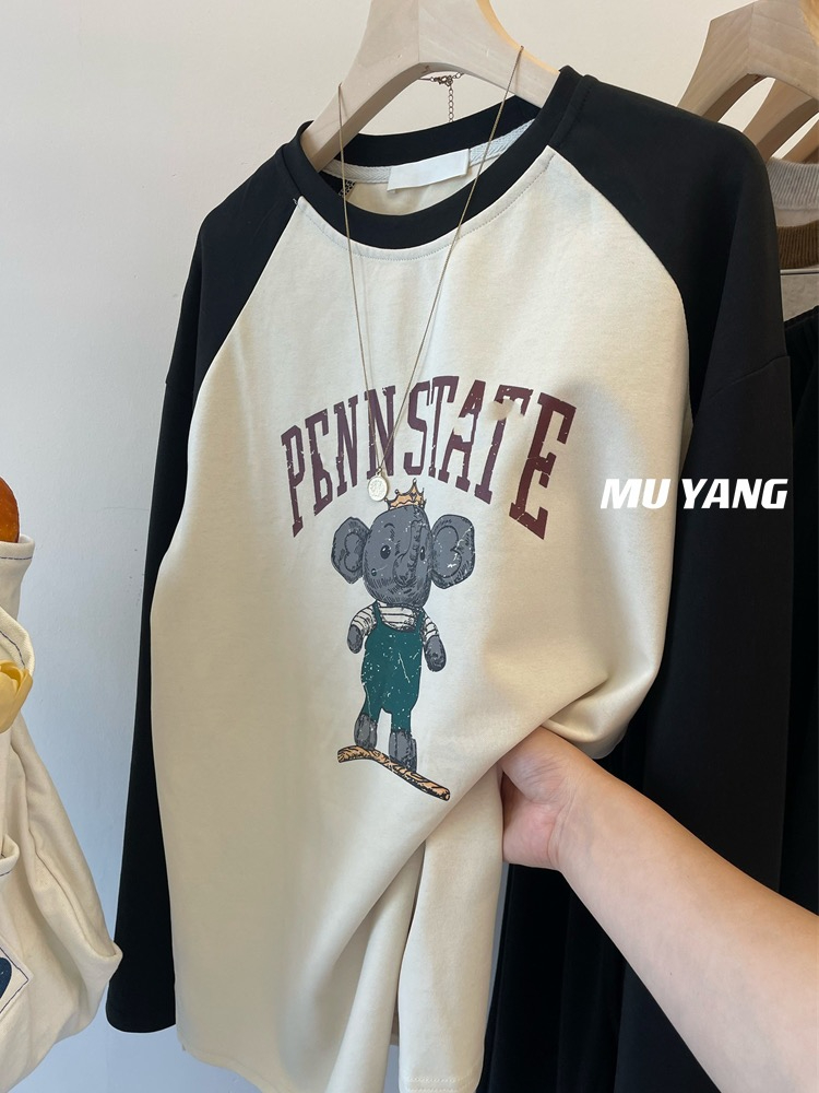 Extra large size 300 pounds baby elephant print long-sleeved T-shirt for women loose raglan top