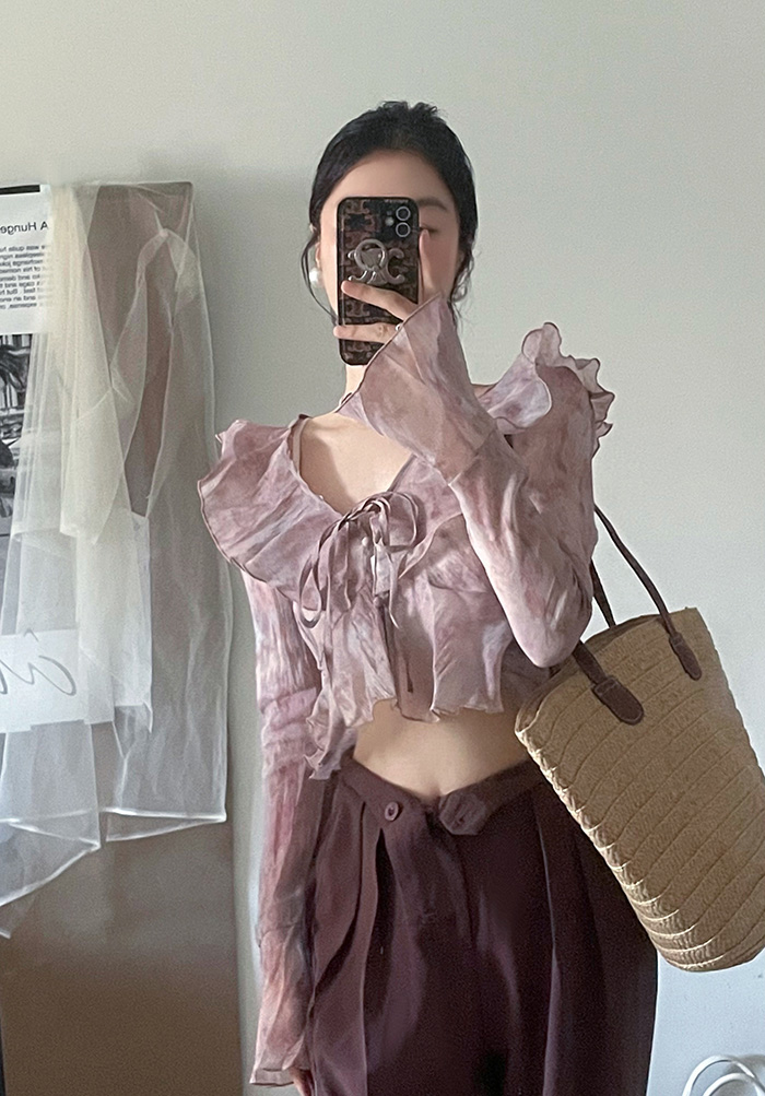 Real shot of sunset dogwood purple long-sleeved bow ruffled short shirt