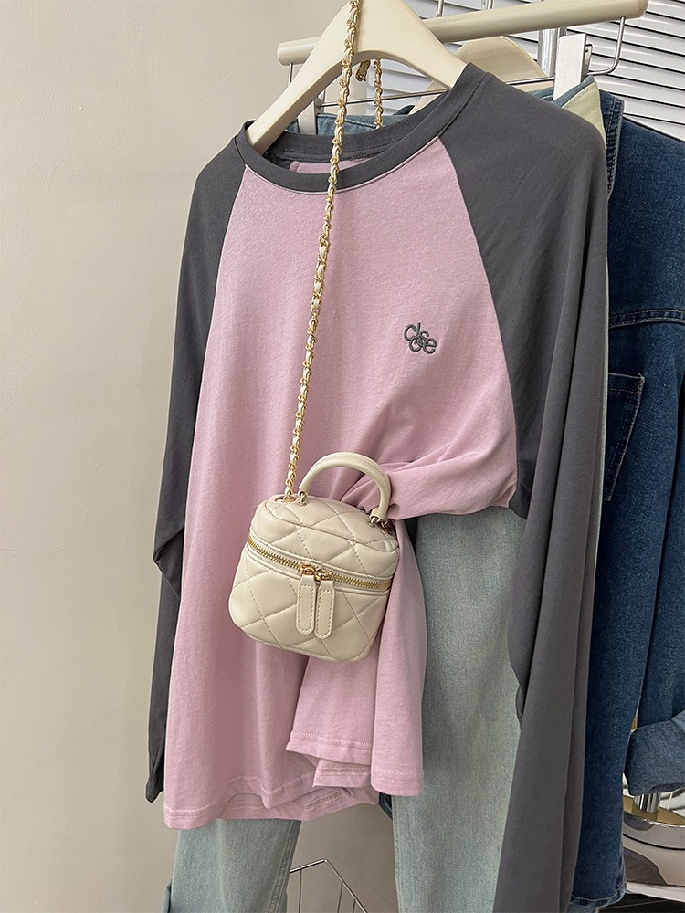Large size 300 pounds pink raglan sleeve long-sleeved T-shirt women's design niche loose top
