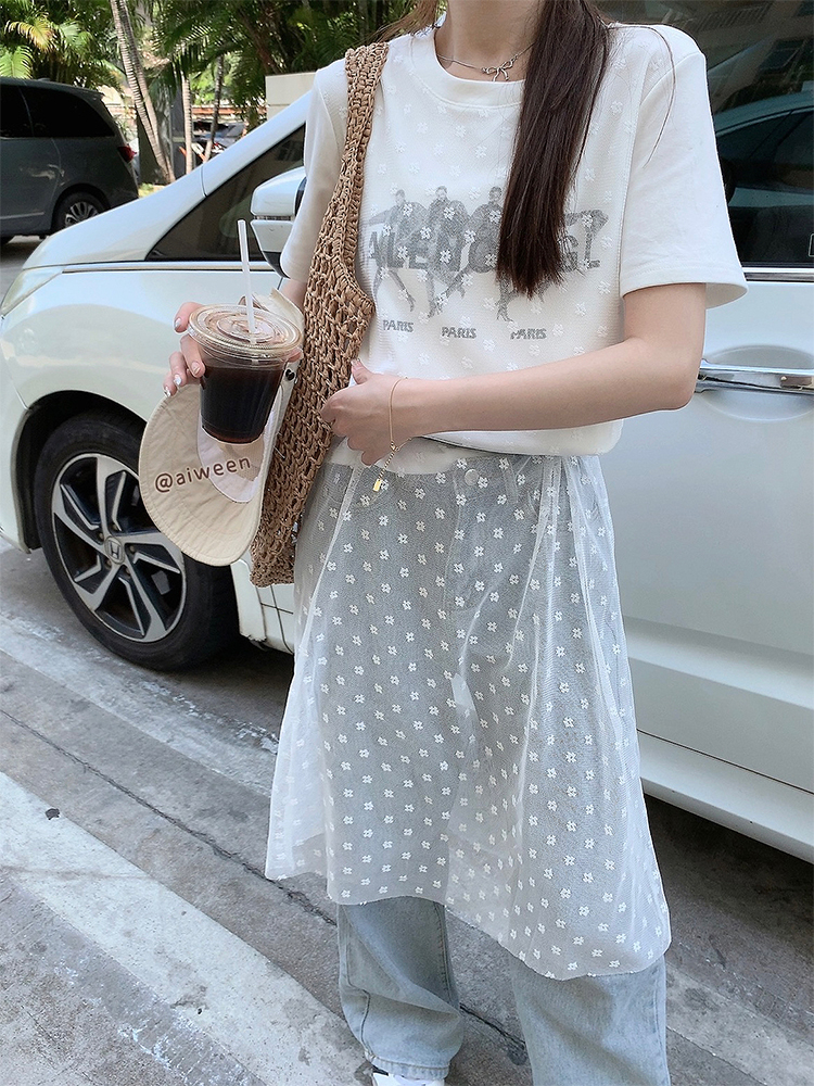 Actual shot of spring and summer Korean chic simple printed fake two-piece design blouse T-shirt