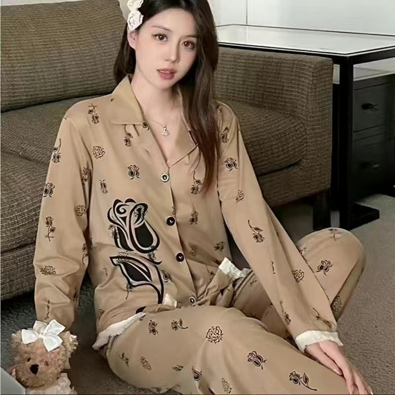 Shangyou Clothes Pajamas Women's Spring and Autumn Korean Style Long-Sleeved Large Size Loose Cardigan Can Be Weared Outside Home Clothes Set