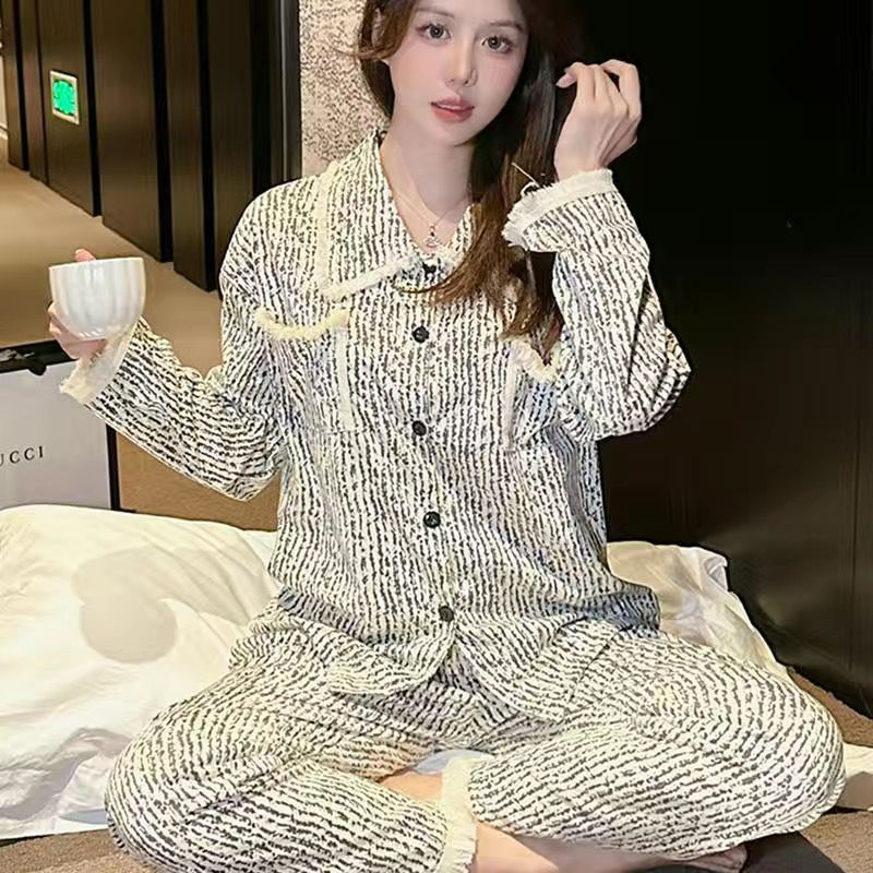 Shangyou Clothes Pajamas Women's Spring and Autumn Korean Style Long-Sleeved Large Size Loose Cardigan Can Be Weared Outside Home Clothes Set