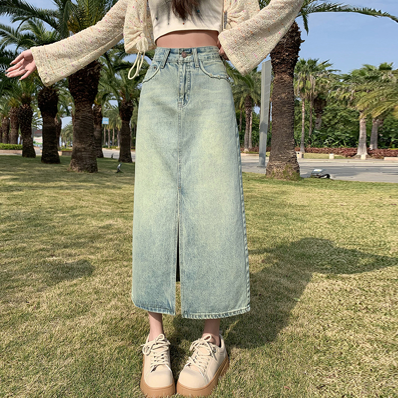 New spring and summer high-waist slimming irregular slit denim skirt retro raw edge design A-line mid-length skirt
