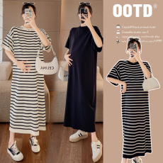 批发实拍新款孕妇短袖夏装条纹圆领冰丝针织宽松<b class='q'>显瘦</b>长款连衣裙