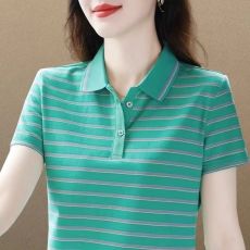 批发纯棉polo衫t恤女夏季新款条纹翻领短袖大码<b class='q'>运动</b>休闲有领女士上衣
