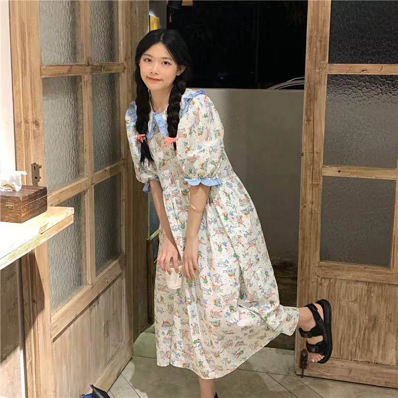 小清新娃娃領印花裙女高腰顯瘦小個子中長款過膝連衣裙