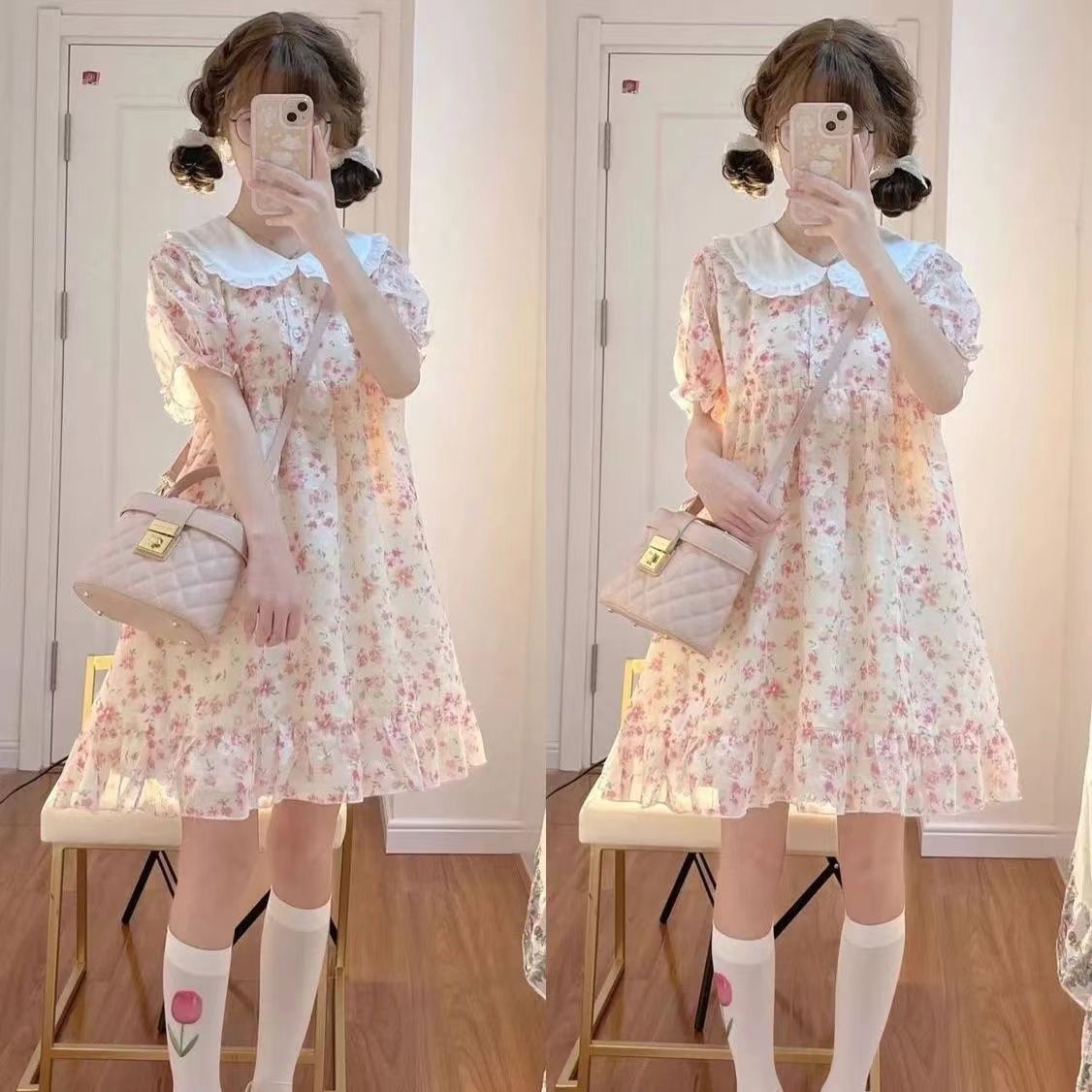 夏季學院風可愛甜美碎花仙女裙子娃娃領連衣裙