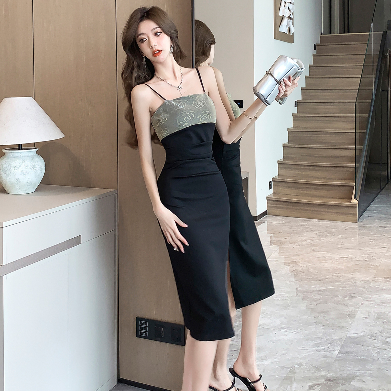 FA36369# 亮丝复古花拼接修身显瘦性感开叉礼服裙中长款吊带抹胸连衣裙 服裝批發女裝批發服飾貨源