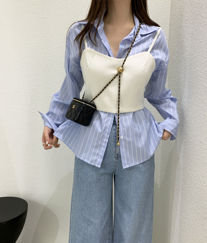 韓國chic春日長袖條紋襯衫