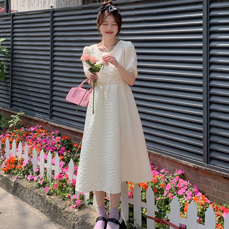 實拍原版初戀雲朵裙女夏季溫柔風奶油白法式褶皺連衣裙