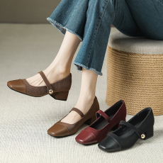 批发2024年新款粗跟单鞋女高跟鞋小方头一字扣玛丽鞋珍女鞋