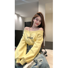 批发实拍实价~春季新款一字领短款上衣露肩宽松显瘦长袖<b class='q'>卫衣</b>T恤女