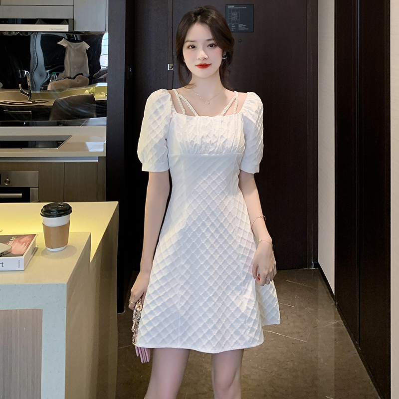 MY968# 夏季提花甜美气质方领泡泡袖一字肩钉珠吊带连衣裙女裝貨源服裝批發