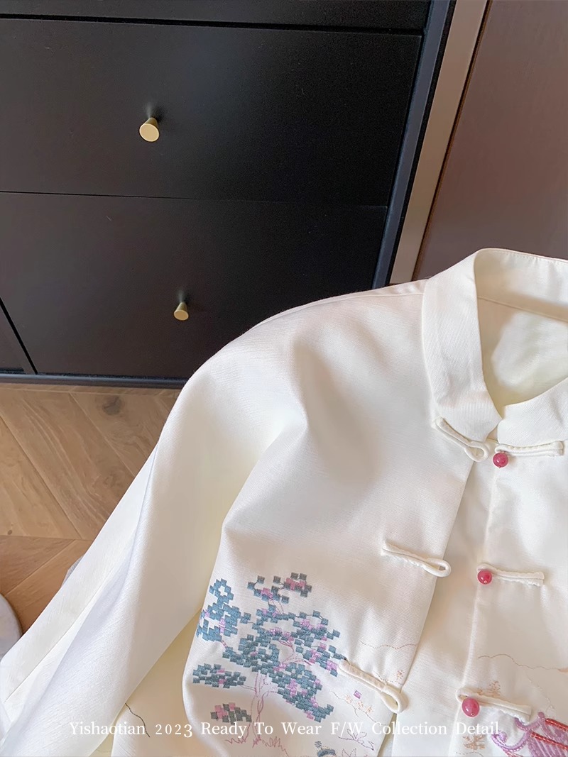 新中式國風拼接刺繡圓領外套女秋冬季復古設計感改良旗袍別致上衣