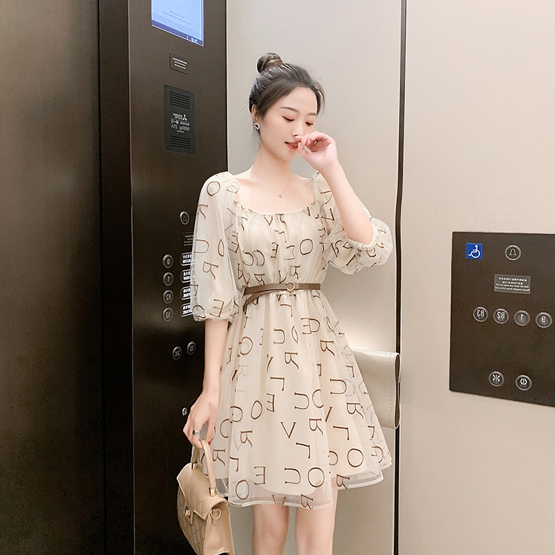 PF18050#原版做工法式优雅气质方领超仙女甜美网纱收腰连衣裙夏2024新女裝貨源服裝批發