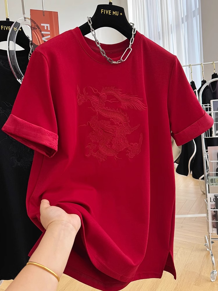 2024新款國風重工刺繡龍年短袖T恤女春裝版型體恤上衣洋氣打底衫