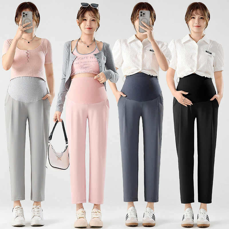 실사 임산부 여름 새로운 얼음 실크 정장 바지 와이드 레그 팬츠 도루 센스 루즈핏 캐주얼 하렘 바지 9부 바지