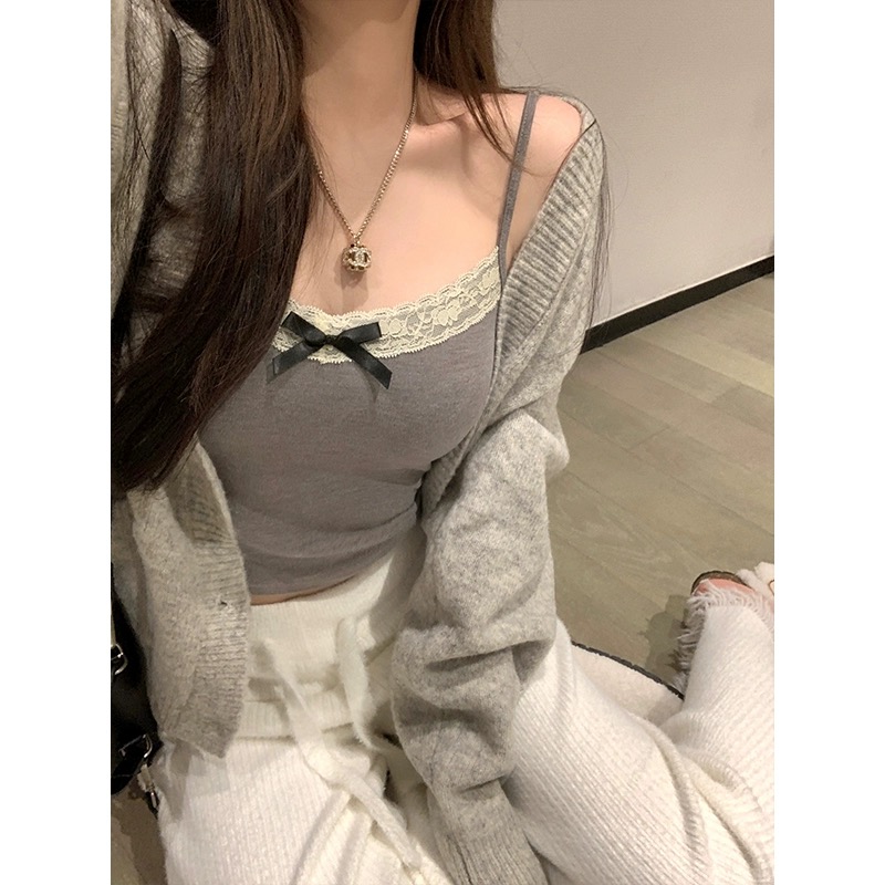 NAYA CHAN bm蝴蝶結蕾絲拼接磨毛內搭小吊帶背心女冬修身短款上衣