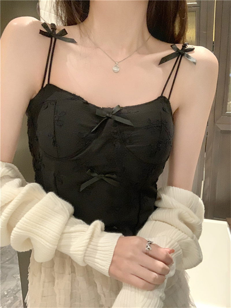 甜美蝴蝶結白色小吊帶背心女帶胸墊性感內搭抹胸美背打底短款上衣