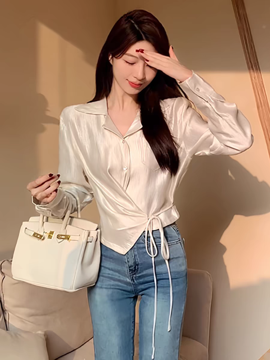 TR76130# 韩系chic高级感珠光质感收腰绑带长袖衬衫女春季新款小衫上衣