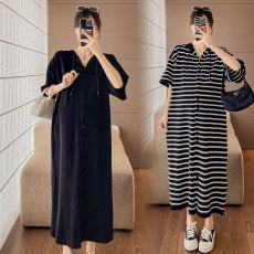 批发实拍夏装孕妇大码新款时尚款宽松气质显瘦大码孕妇条纹连衣裙