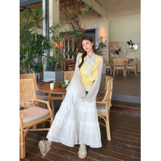 批发实拍实价~设计感波点衬衫叠穿黄色<b class='q'>马甲</b>半身裙三件套