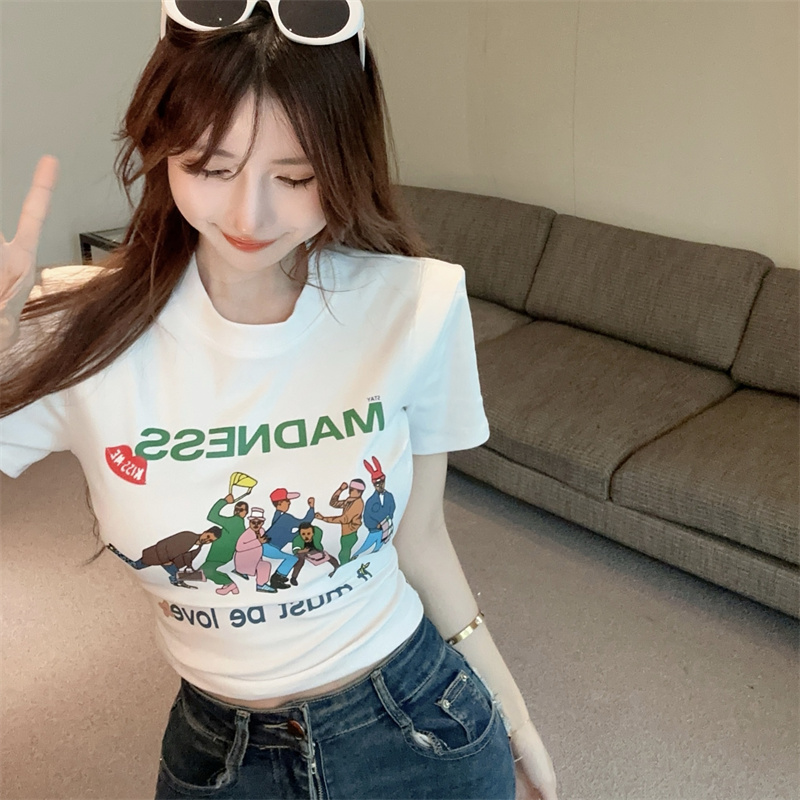 실사 정가 아메리칸 레트로 알파벳 프린트 어깨 패드 반팔 티셔츠 핫걸 쇼트 스타일 맨위