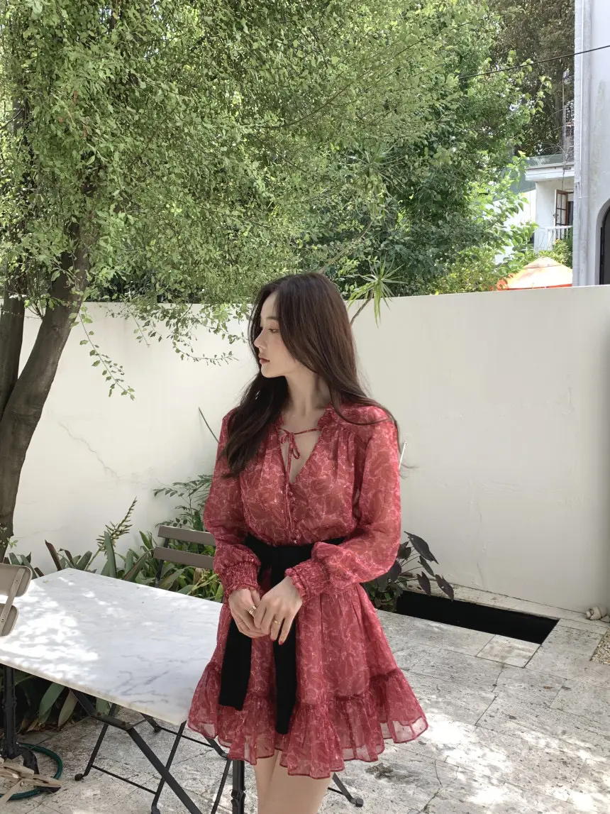 한국 스타일 봄용 V넥 레이스 원피스 상세 이미지 8