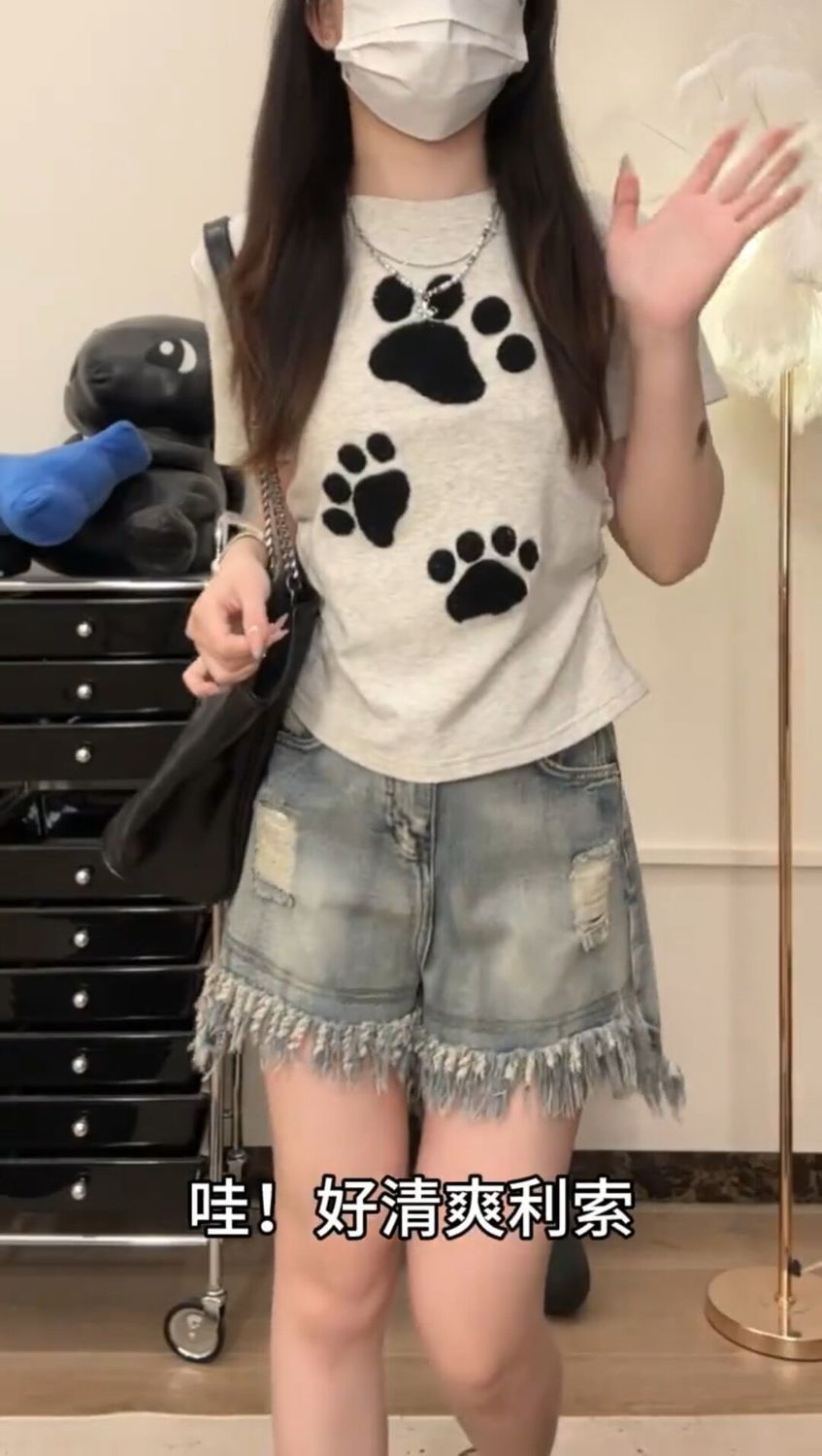 奶油的宇宙 植絨狗爪正肩不露腰短袖T恤女小個子短款上衣夏季新款