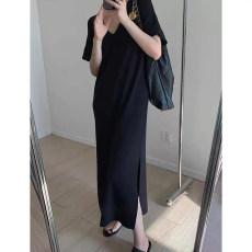 批发2026连衣裙女夏装大码懒人开叉长裙高级感宽松休闲v领<b class='q'>短袖</b><b class='q'>T</b><b class='q'>恤</b>裙