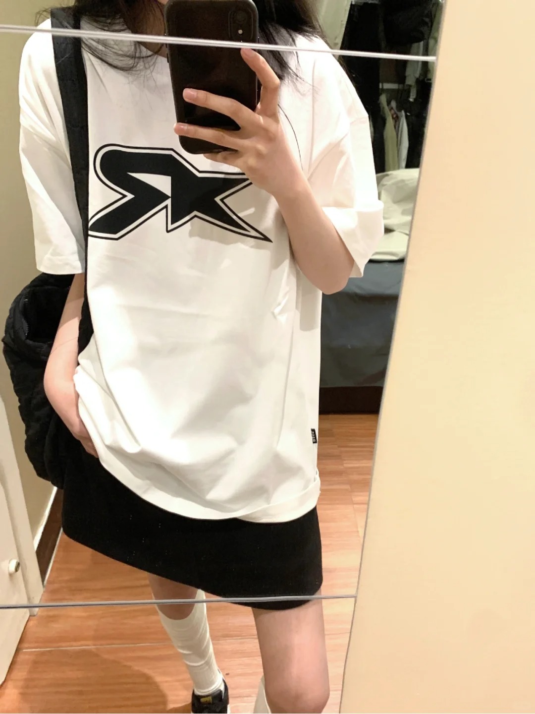 夏季星星印花半袖T恤女白色簡約落肩袖國潮牌高級感小眾潮牌上衣