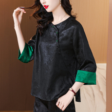批发竹叶提花缎面香云纱<b class='q'>真丝</b><b class='q'>上衣</b><b class='q'>女</b>斜门襟新中式七分袖桑蚕丝