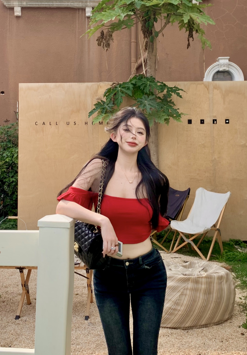 실사 정가 우울한 와인 빨간색 순수한 욕망 레이스 Feifei 소매 관대 한 칼라 이슬 뼈의 오프숄더 짧은 맨위