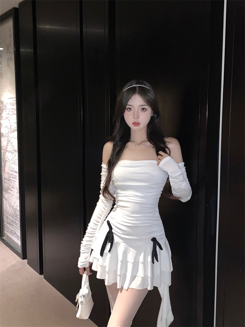 실사 정가 2026 여름 새로운 프랑스식 고급 센스 오프숄더 나비 매듭 긴팔 한 마디 여성 드레스