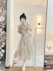 新中式连衣裙女夏季2024新款改良旗袍国风泡泡袖高腰法式雪纺裙子