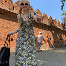 批发大码v领紫色碎花吊带裙微胖减龄韩版收腰显瘦复古<b class='q'>连衣裙</b>纯色外套