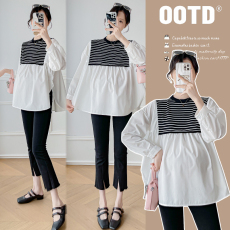 批发实拍新款孕妇拼接条纹娃娃衫小清新宽松显瘦百搭衬衫甜美减龄上衣