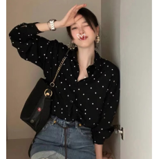 批发2026早春大码女装韩国chic赫本风翻领撞色波点宽松百搭长袖<b class='q'>衬衫</b>
